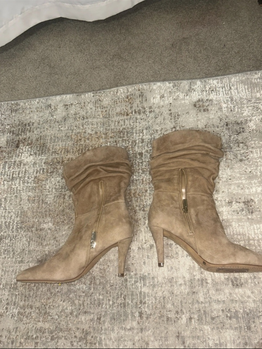 New Vince Camuto Suede Slouch Mid-Calf Heeled Boots in Taupe